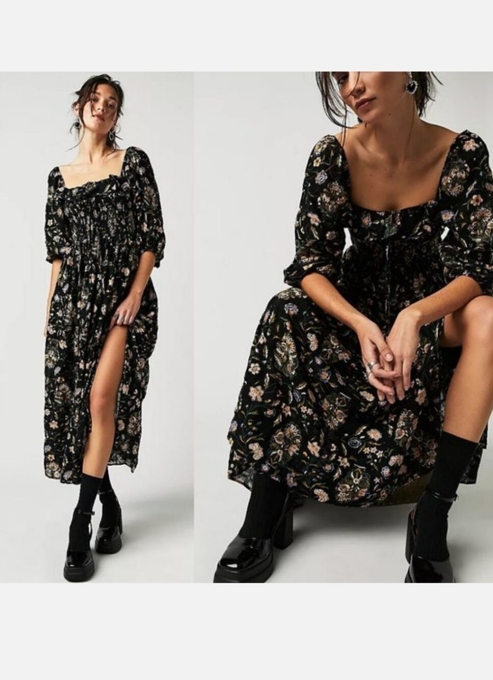 NEW Free People Oasis Floral Printed Boho Long Midi Maxi Dress Black $168 XS